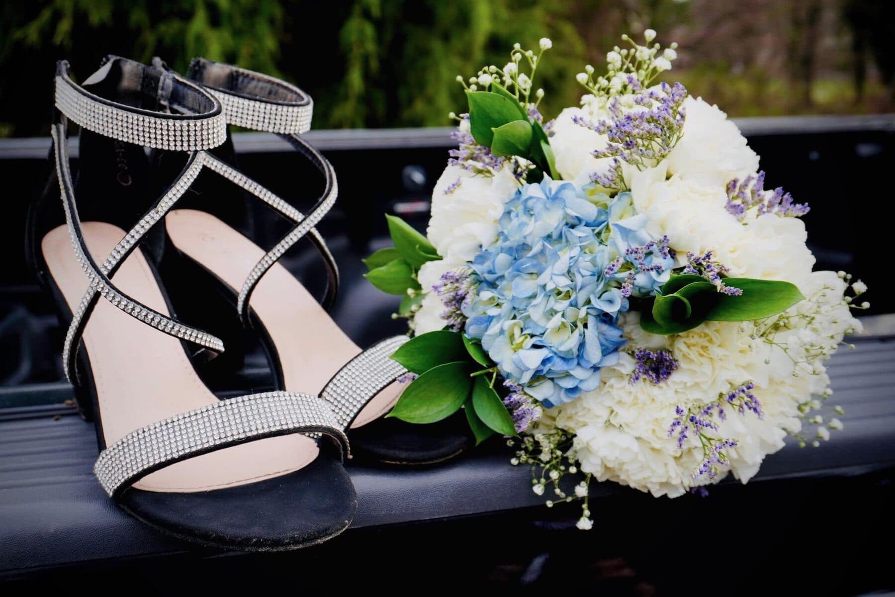 Rhinestone heels and a hydrangea bouquet