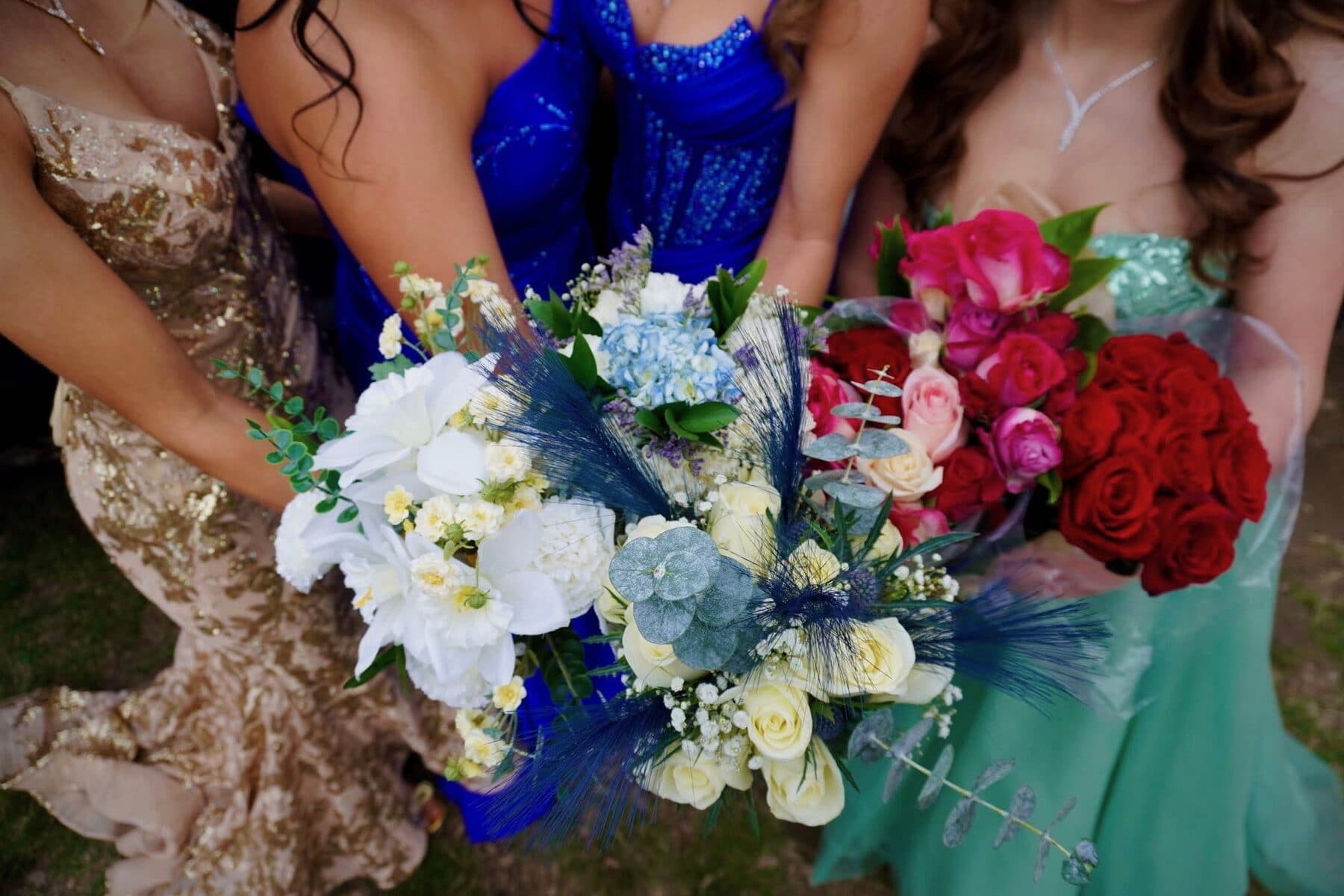 A cluster of prom bouquets
