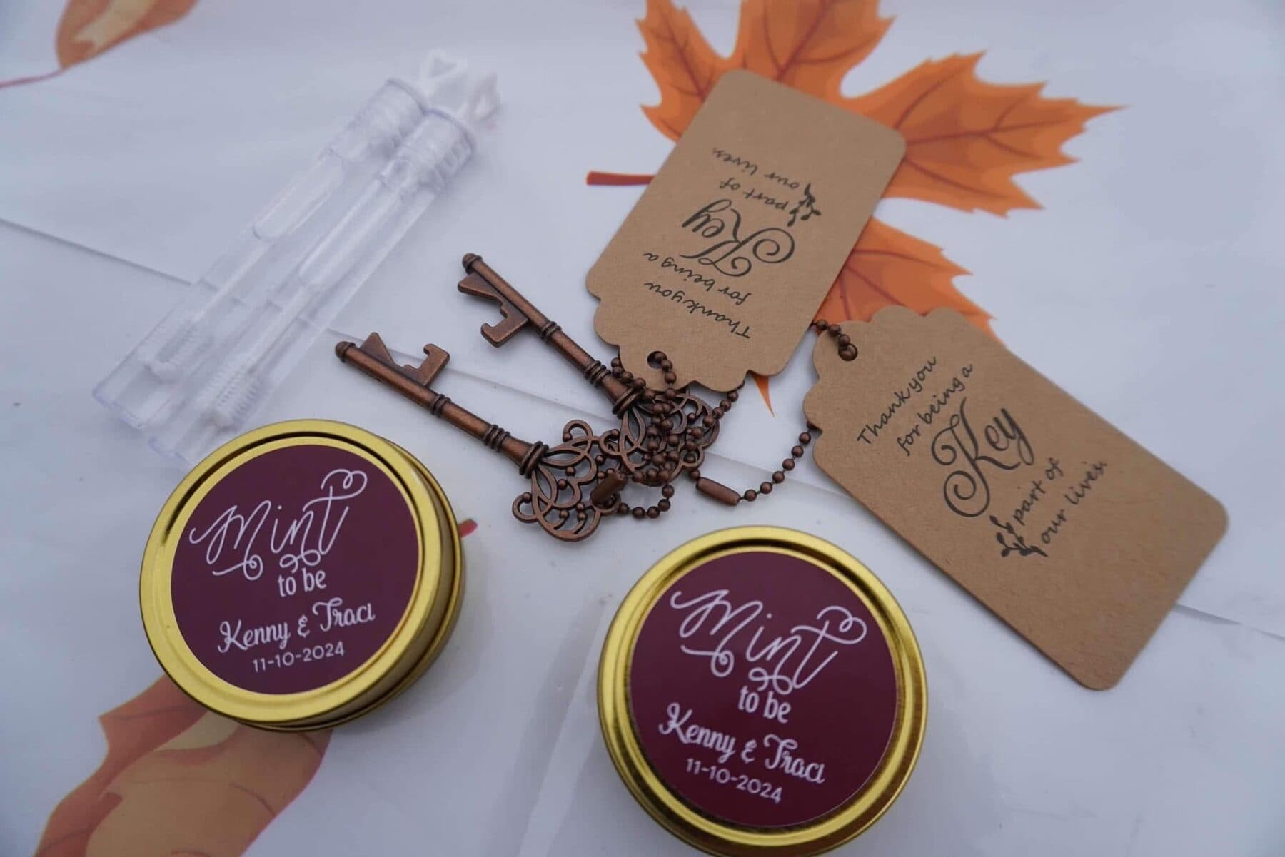 Wedding favors — keys and keepsake tins